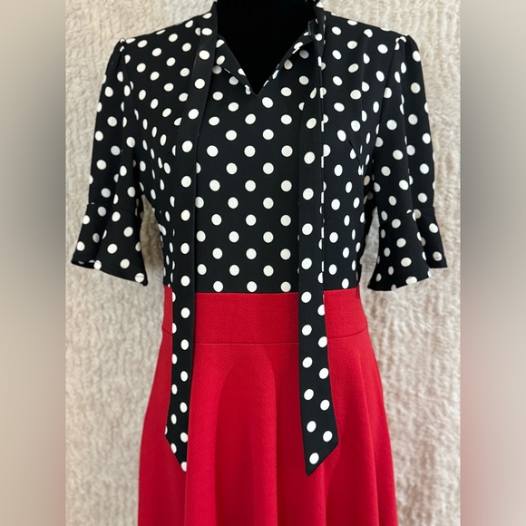 Ranphee- Retro, Polka dot black and white dress with red skirt. Ruffle Sleeve. - Picture 6 of 9